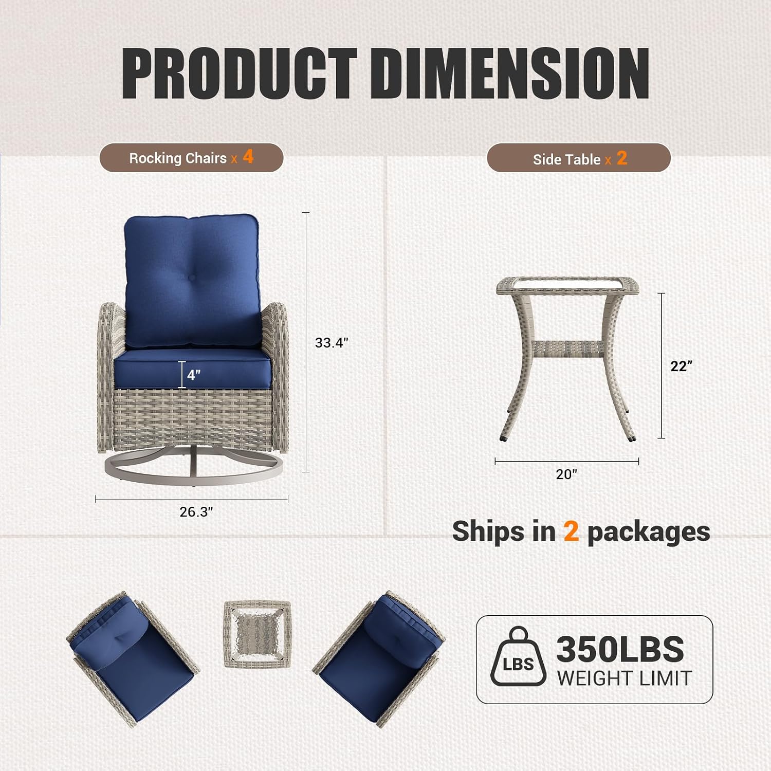 6-Piece Patio Rocking Swivel Chair Outdoor Wicker Rattan Bistro Set with Tempered Glass Side Table, Outdoor Patio Furniture Set for Garden, Deck, and Balcony, Blue