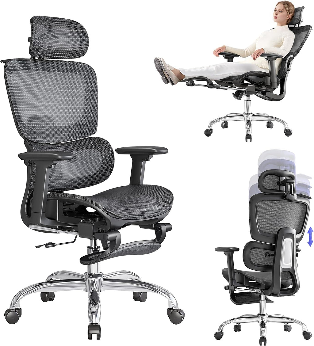 Office Chair with Footrest, Ergonomic Chair with 3D Headrest, Computer Chair with Adjustable Backrest & 3D Armrest, Gaming Chair with Adaptive Lumbar Support, Mesh Backrest & Cushion, Black