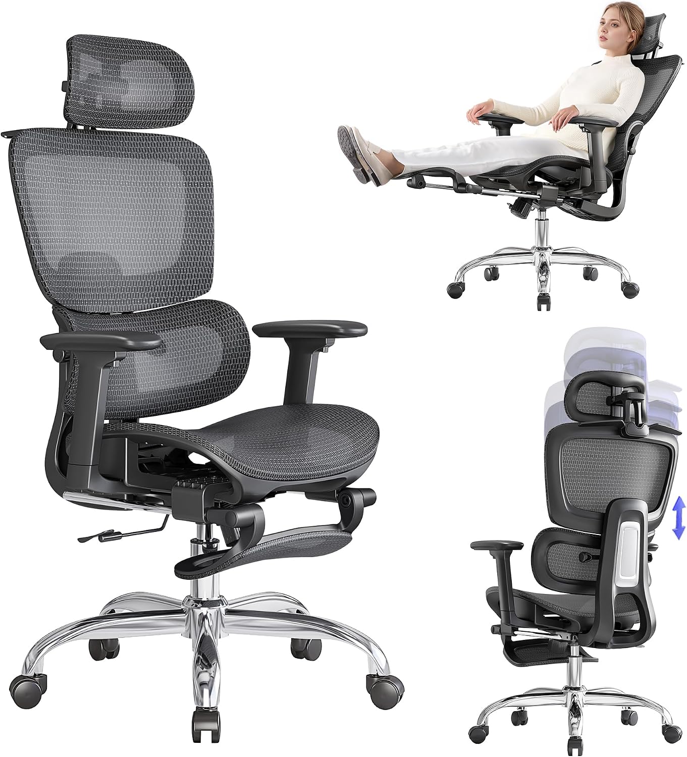 Office Chair with Footrest, Ergonomic Chair with 3D Headrest, Computer Chair with Adjustable Backrest & 3D Armrest, Gaming Chair with Adaptive Lumbar Support, Mesh Backrest & Cushion, Black