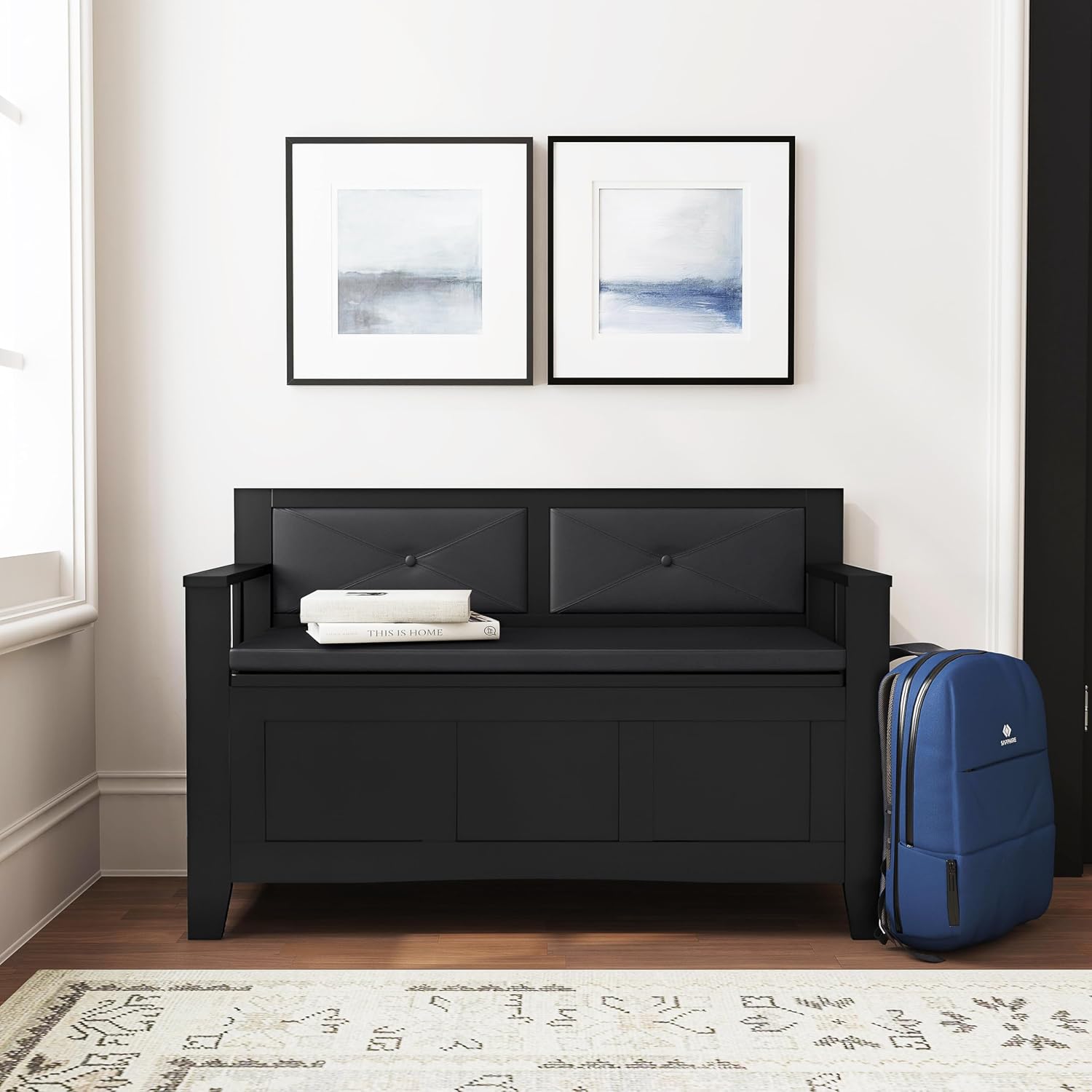 Linon Carlton Padded Bench, 44.5'W x 17'D x 30'H, Black