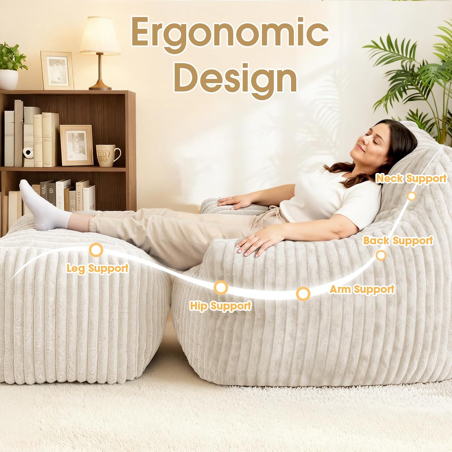 Giant Bean Bag Chair with Ottoman, Oversized Plush Comfy Bean Bag Sofa for Adults and Kids, Memory Foam Mini Couch Single Lounges for Living Room, Bedroom & Game Room(Beige)