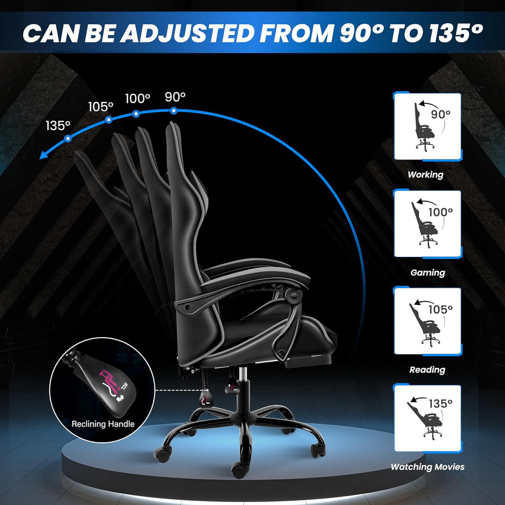 YSSOA Gaming Chair, Computer Chair with Footrest, Height Adjustable & 90°-135° Tilt Function, Swivel Recliner Ergonomic Racing Style Video Game Chair with Lumbar Support (Black/Grey)