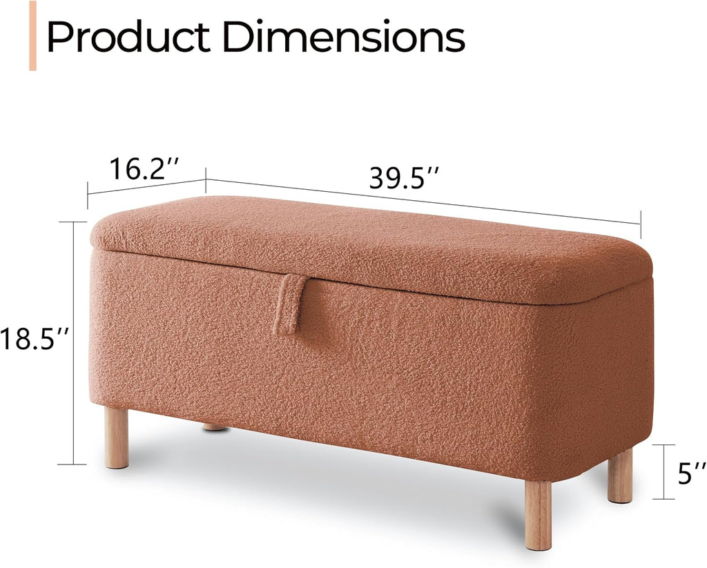 Boucle Storage Ottoman Bench for Bedroom end of Bed, Sherpa Upholstered Shoe Seat Storage Bench for Entryway Bed Foot, Rectangle Cushion Padded Blanket Chest Cute for Living Room, Burnt Orange