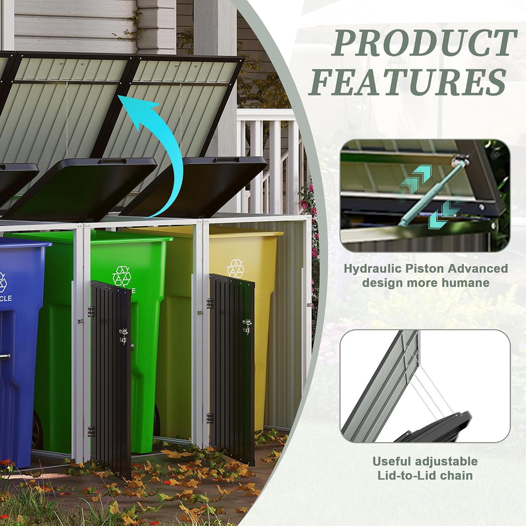 Outdoor Metal Trash Can Storage Shed for 3 Garbage Bins, Galvanized Steel Triple Bin Enclosure with Lockable Doors & Hydraulic Lid, Garden Yard Storage Cabinet for Recycling, Dark Gray