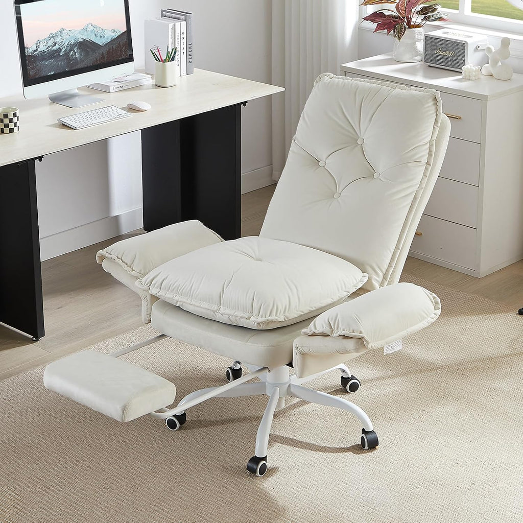 Bestier Criss Cross Office Chair with Flip-Up Armrests, High Back Executive Chair with Footrest & Wheels, Cross Legged Desk Chair for Home Office, Beige Velvet