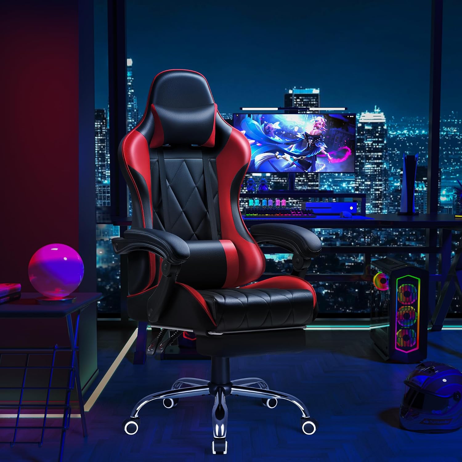 Shahoo Gaming Chair with Footrest and Massage Lumbar Support, Ergonomic Computer Seat Height Adjustable with 360°Swivel and Headrest, Red