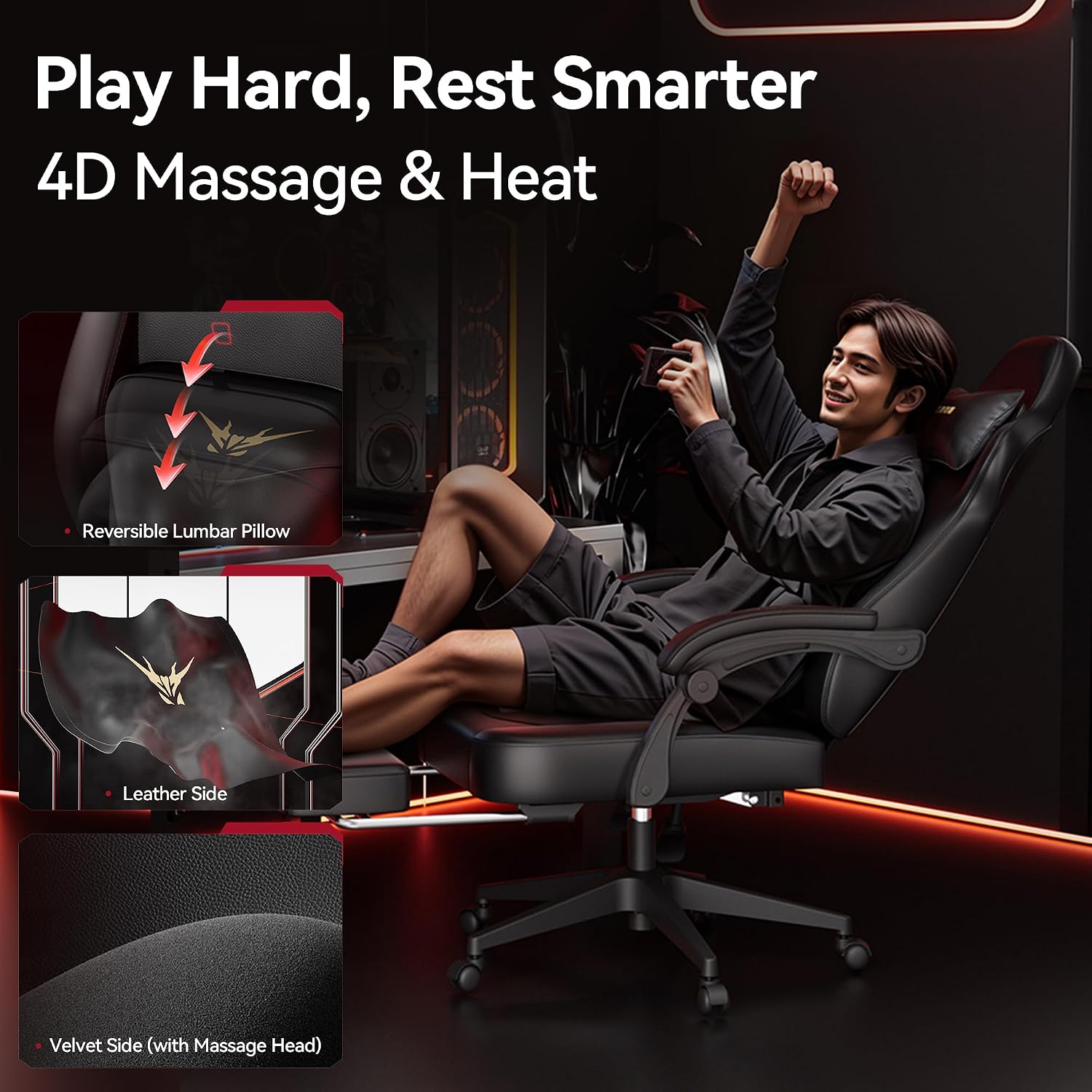 Gaming Chair, Ergonomic Computer Chair with Lumbar Massage & Heat, Video Game Chair with Silent Casters, 3D Adjustable Backrest, Thickened Seat, PU Leather, Hidden Footrest (63-77in)
