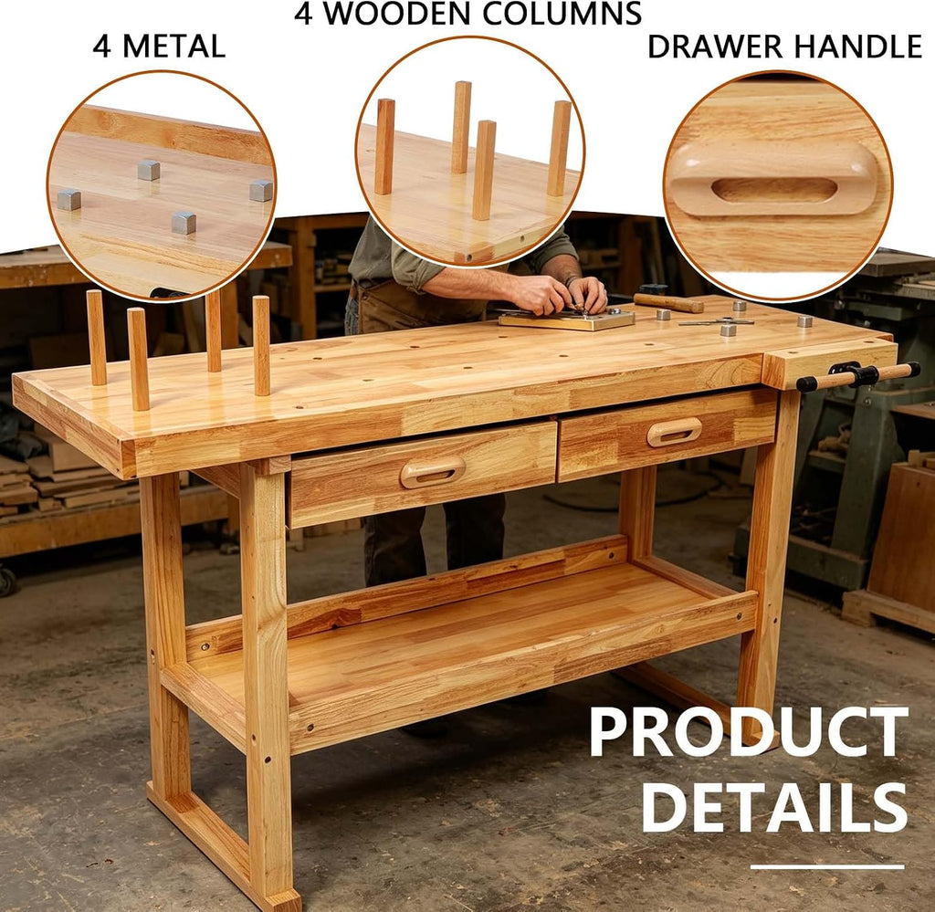 60' Rubber Wood Workbench, Heavy Duty Work Bench with Drawer & Shelf, Work Bench Table for Garage, Workshop, Home Storage, Woodworking Bench, 330 lbs Weight Capacity (60' + 2 Drawers)