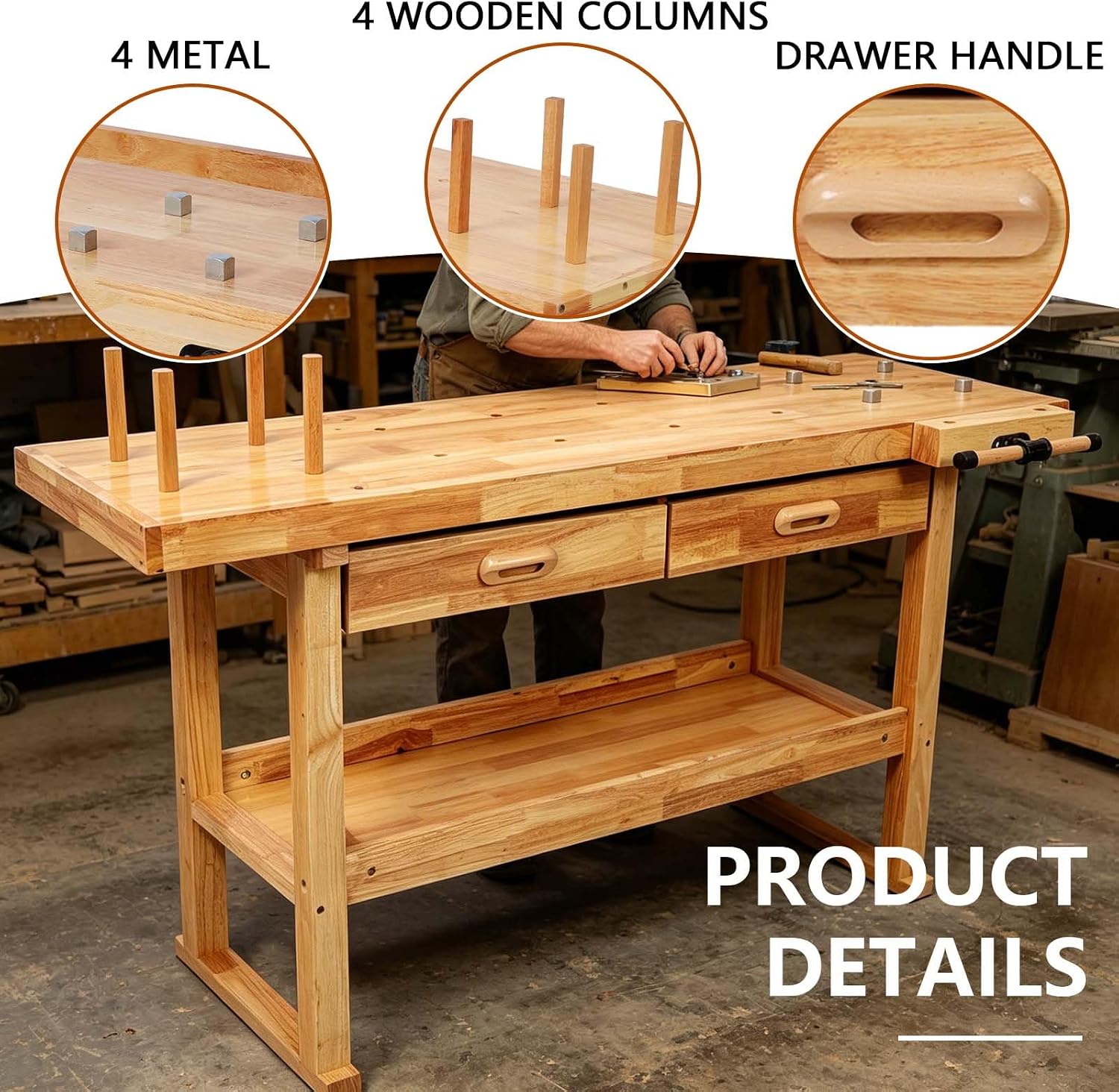 60' Rubber Wood Workbench, Heavy Duty Work Bench with Drawer & Shelf, Work Bench Table for Garage, Workshop, Home Storage, Woodworking Bench, 330 lbs Weight Capacity (60' + 2 Drawers)
