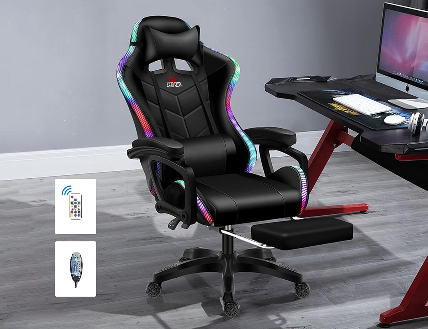 Gaming Chair with LED Lights and Speakers, Music Video Chair for Adults with Massage and Footrest, Ergonomic Chair with Headrest and Lumbar Support, Maximum Load 150KG. (All Black)