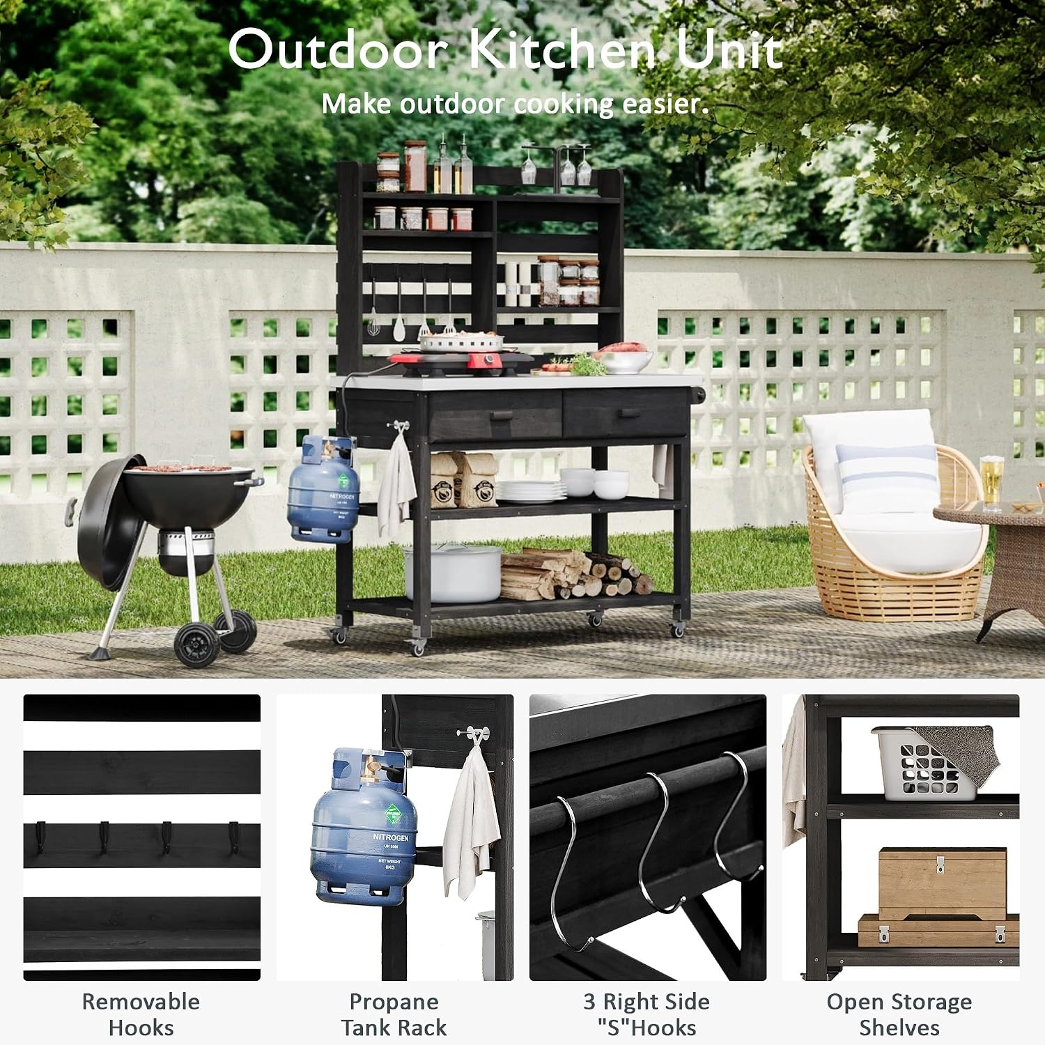Merax 64.9' H Outdoor Potting Bench Table with Lockable Wheels, Solid Wood Outdoor Kitchen Island with Upper Hutch, Stainless Steel Top, Towel Rack, Outdoor Storage for Grilling, Lawn Garden, Black