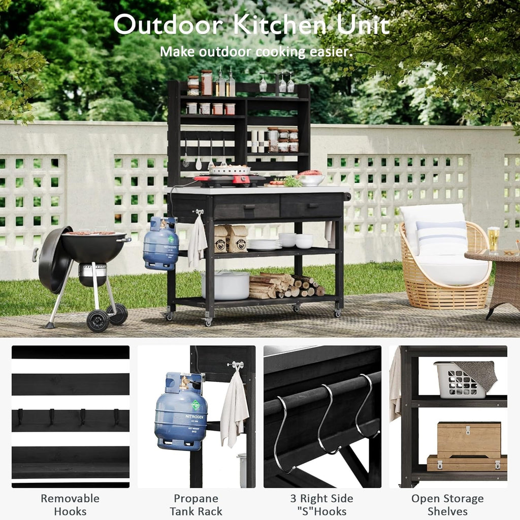 Outdoor Potting Bench Table with Lockable Wheels, Solid Wood Outdoor Kitchen Island with Upper Hutch, Stainless Steel Top, Storage for Grilling, Lawn & Garden