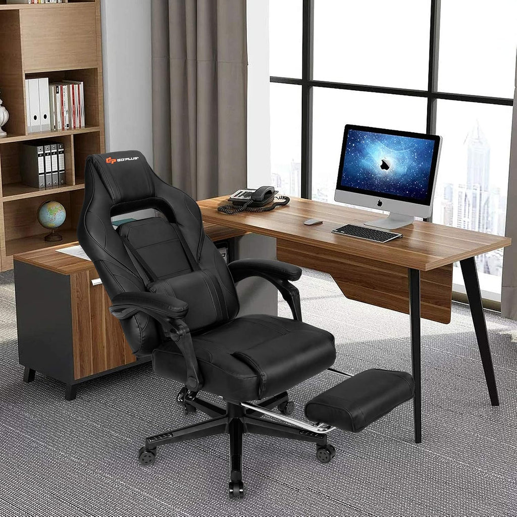 Goplus Massage Gaming Chair, Reclining Backrest, Seat Height Adjustment Racing Computer Office Chair with Footrest, Ergonomic High Back PU Swivel Game Chair (Black)