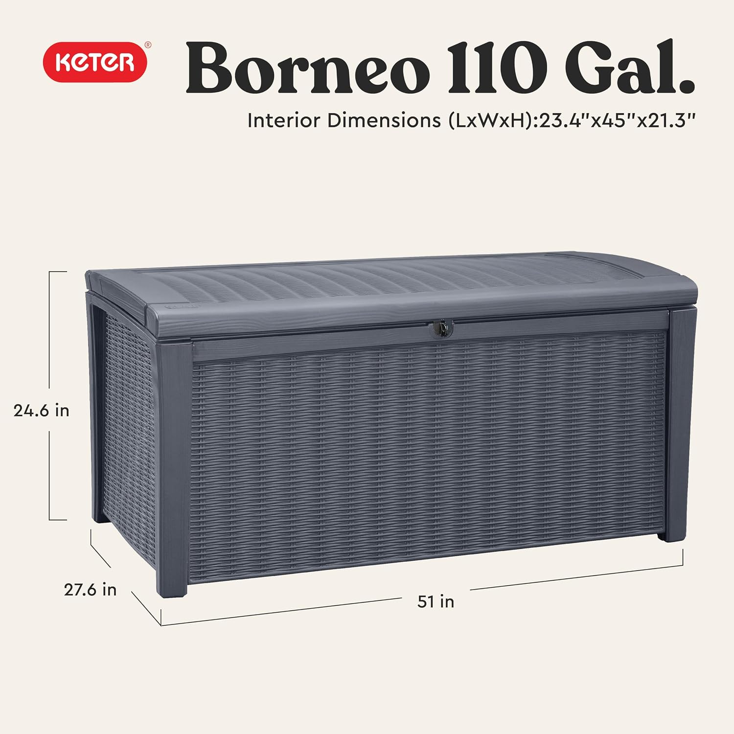 Keter Outdoor Storage Deck Box for Patio, Backyard & Garden, Borneo, 110 Gal, Grey - Lockable, Organizing, and Waterproof Plastic Container Bench