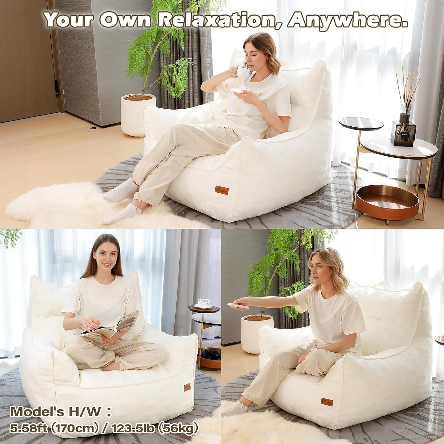 Oversized Fluffy Bean Bag Chair for Adults – Giant Cozy Bean Bag Sofa Chair with Armrests, Handle & Non-Slip Base for Your Reading Nook, Bedroom or Living Room(White-XL)