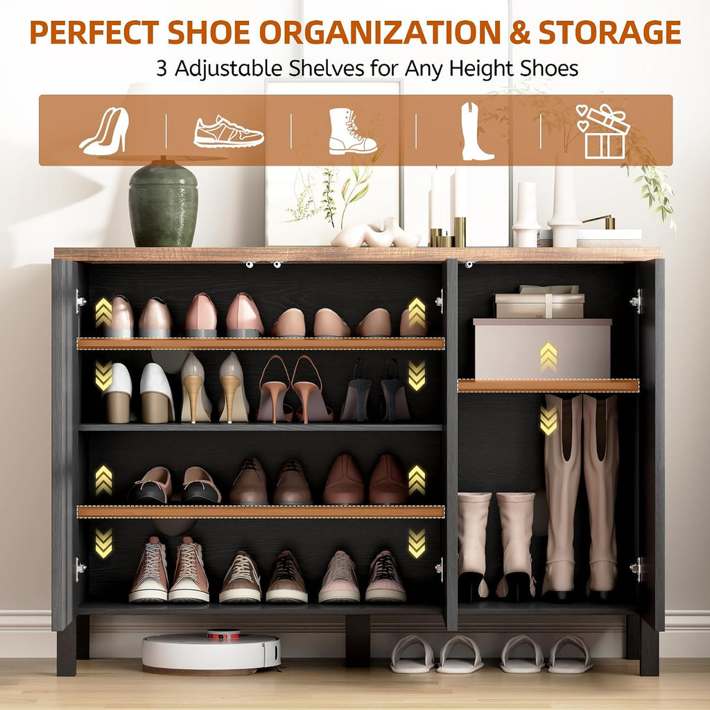 Vlsrka Shoe Cabinet with 3 Doors, Narrow Wooden Shoe Cabinet, Hidden Shoe Storage for Entryway, Foyer, Hallway (Black D)