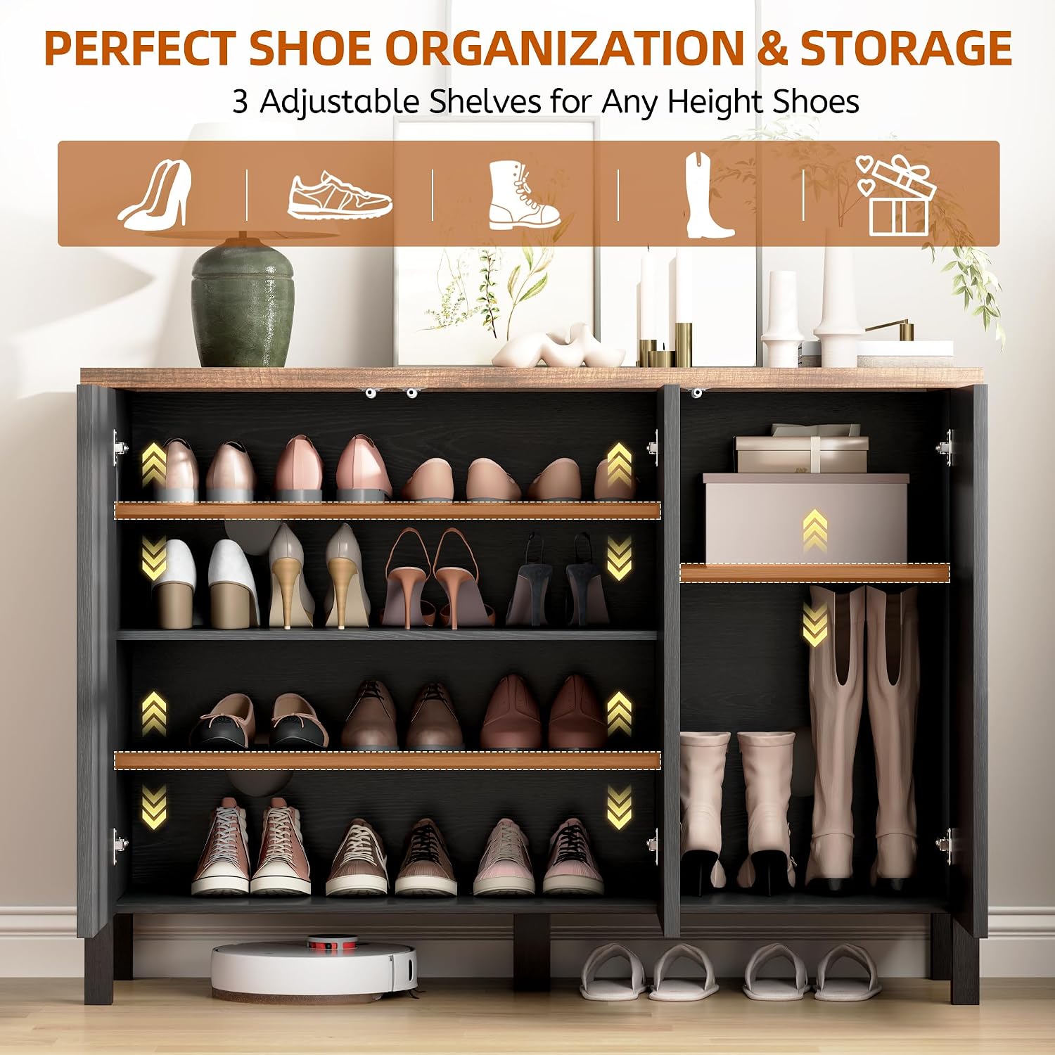 Vlsrka Shoe Cabinet with 3 Doors, Narrow Wooden Shoe Cabinet, Hidden Shoe Storage for Entryway, Foyer, Hallway (Black D)