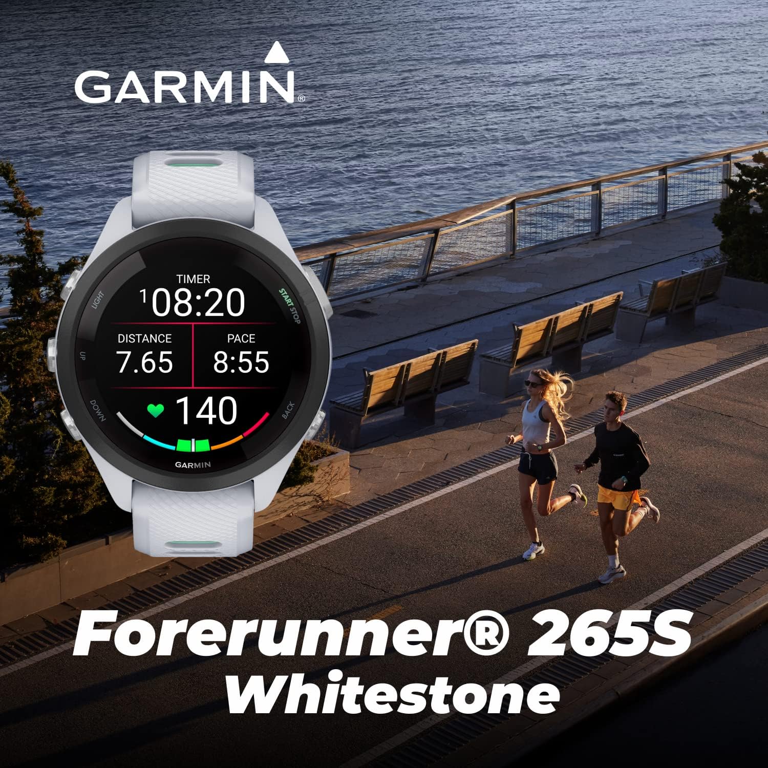 Garmin Forerunner 265S Music GPS Running 42 mm Smartwatch, Whitestone with AMOLED 1.1in Touchscreen Display Black Earbuds Bundle, White +Blk EarBuds