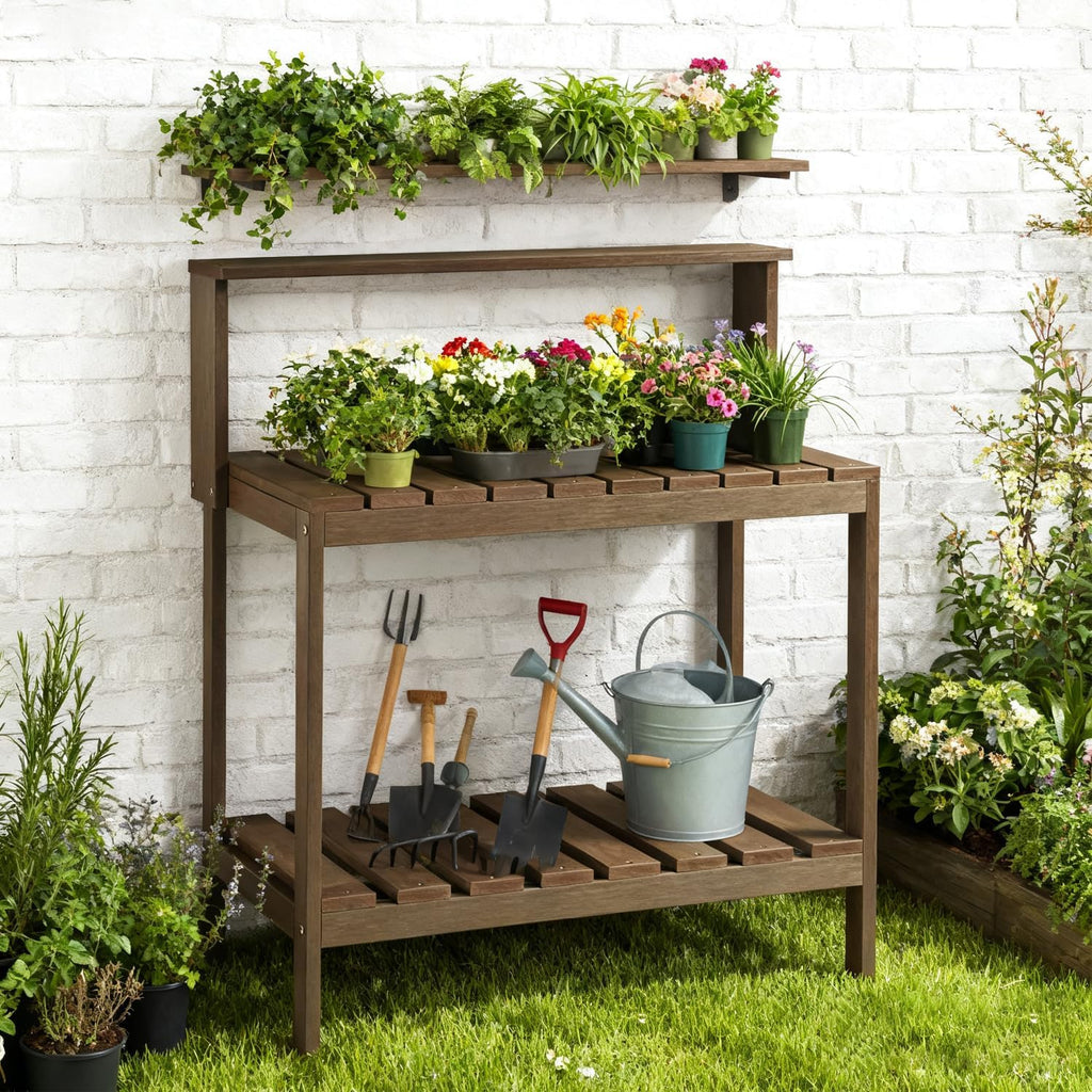 Psilvam Outdoor Potting Bench Table, HDPS Potting Bench with Storage, Outdoor Potting Table for Porch, No Rust, No Fade, Rot-Resistant (Brown)