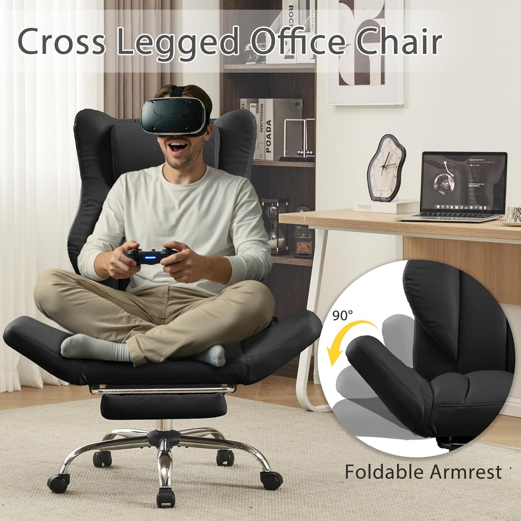 Ergonomic Cross Legged Office Chair with Footrest,Big and Tall Leather Executive Chair with Reversible Armrest,Lumbar Pillow and Wheels,155° Reclining Computer Wide Desk Chair for Home,Office (Black)