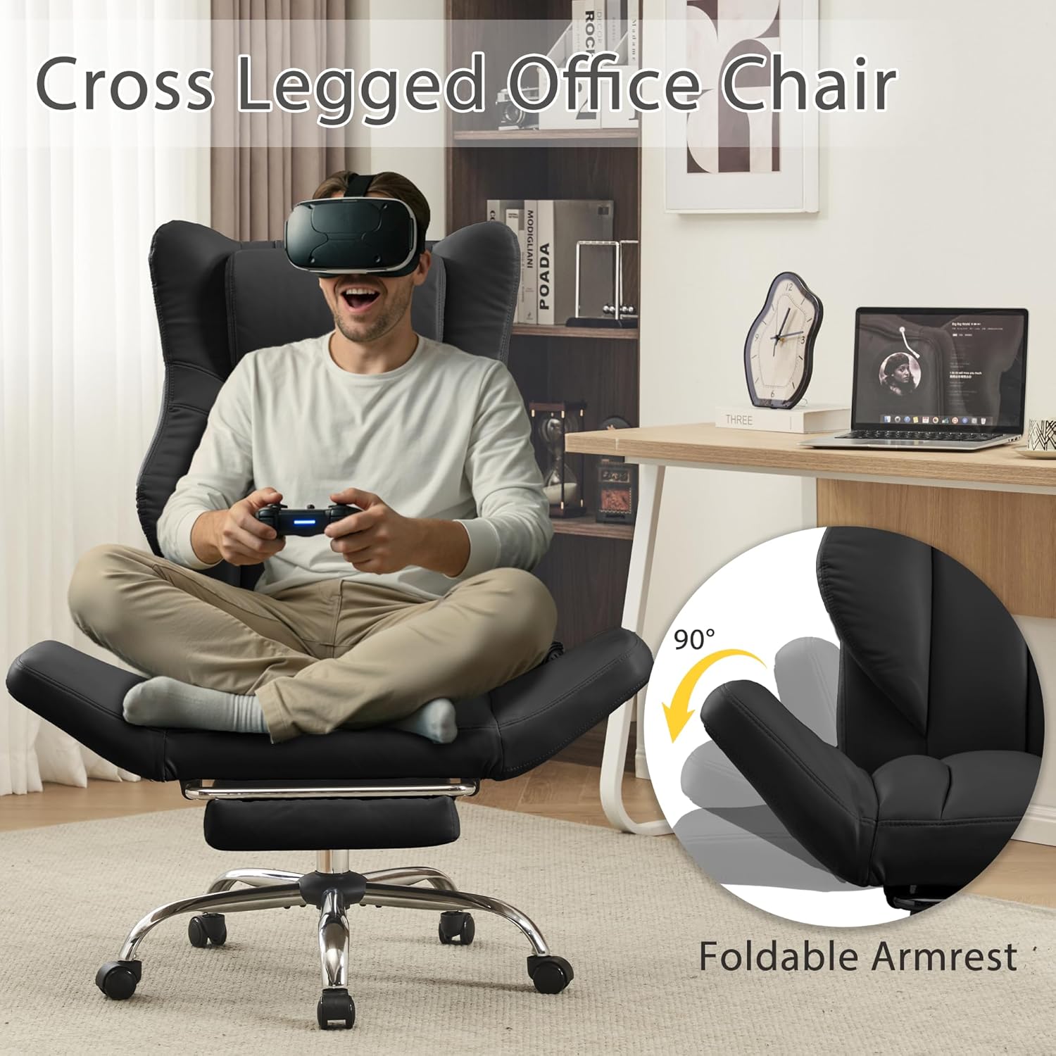 Ergonomic Cross Legged Office Chair with Footrest,Big and Tall Leather Executive Chair with Reversible Armrest,Lumbar Pillow and Wheels,155° Reclining Computer Wide Desk Chair for Home,Office (Black)