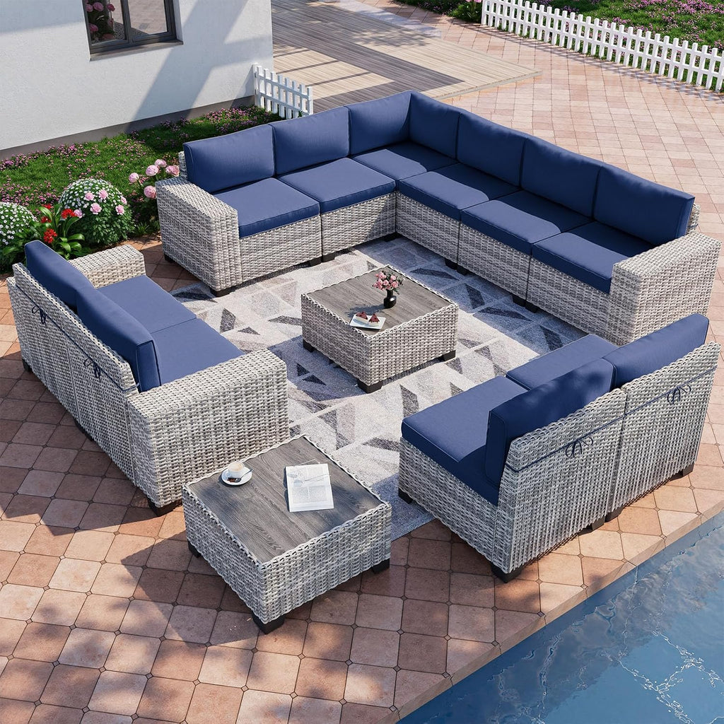 12-Piece Outdoor Patio Furniture Set Wicker Sectional Sofa Set, Patio Conversation Set with Thickened Cushions & Coffee Table for Garden, Backyard, Poolside, Navy Blue