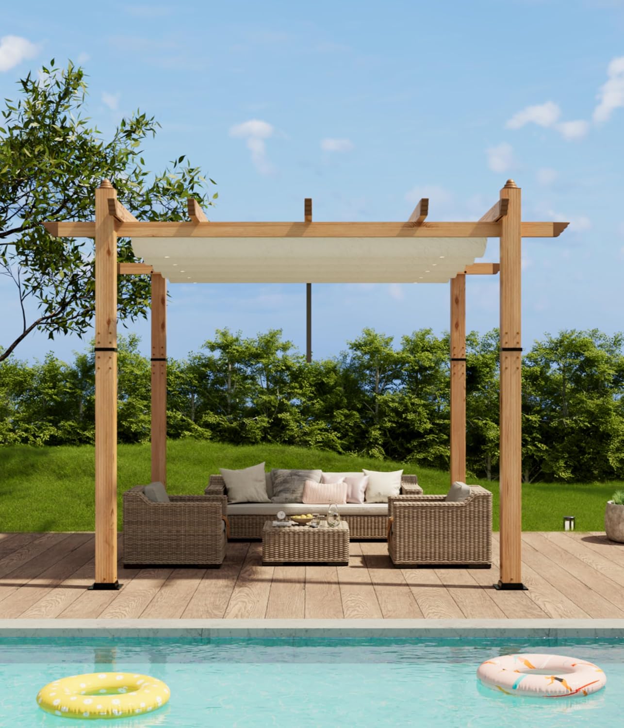 GAOMON Retractable Pergola 10' x 10' Aluminum Outdoor Pergola with Retractable Canopy Faux Wood Metal Pergolas for Patios, Backyard, Deck, Patio, Garden Porch Beach Pavilion Grape Trellis, Beige