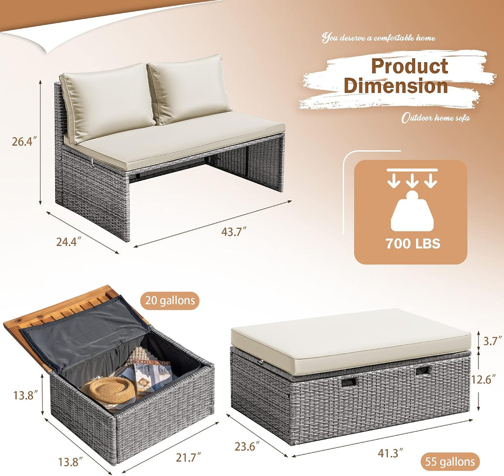 Devoko Outdoor Daybed Set Multifunctional Patio Day Bed Rattan Lounge Bed with 2 Side Tables for Backyard Porch Poolside Lawn Beach (Beige White)