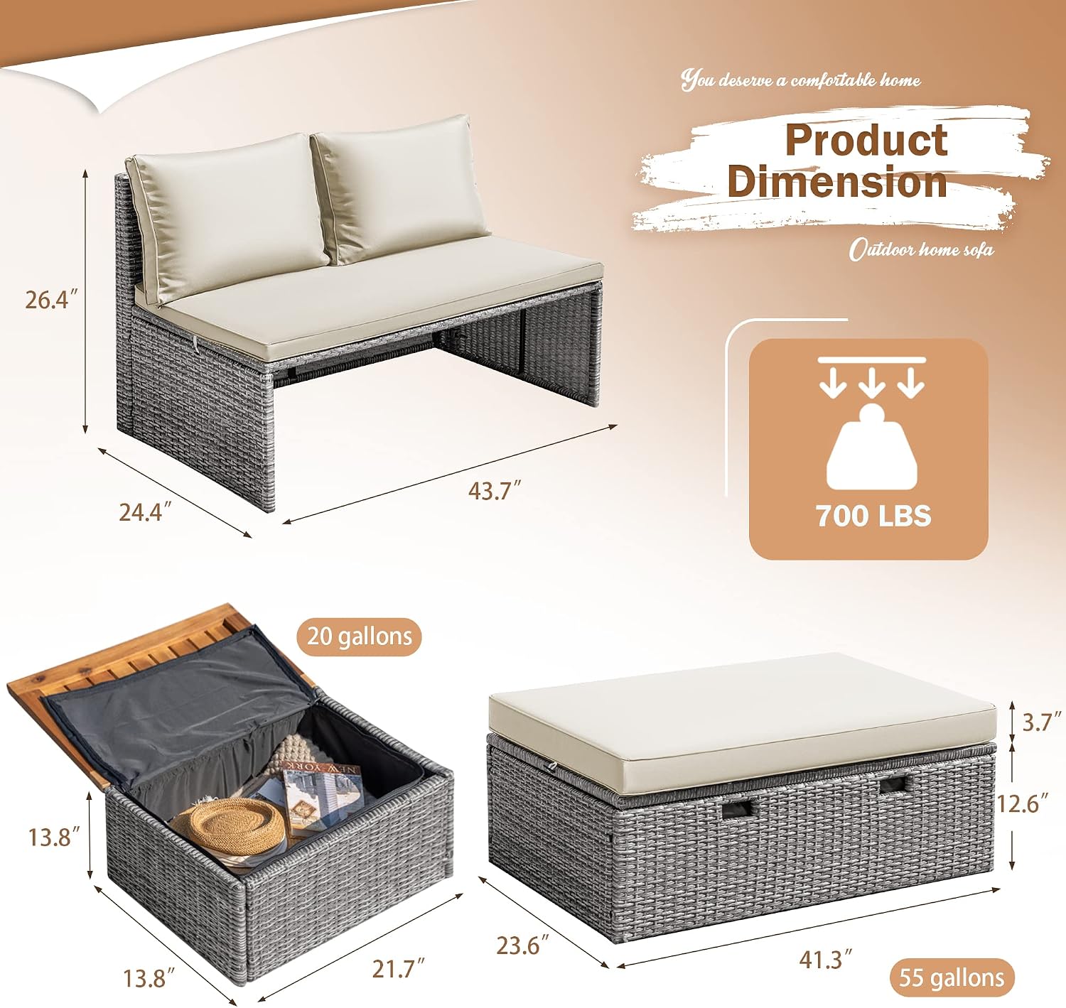 Devoko Outdoor Daybed Set Multifunctional Patio Day Bed Rattan Lounge Bed with 2 Side Tables for Backyard Porch Poolside Lawn Beach (Beige White)