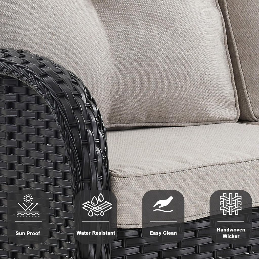 Belord 5-Piece Patio Furniture - Outdoor Conversation with Deep Seating Swivel Rocker Chairs Loveseat and Rattan Coffee Table, Black with Beige Cushion