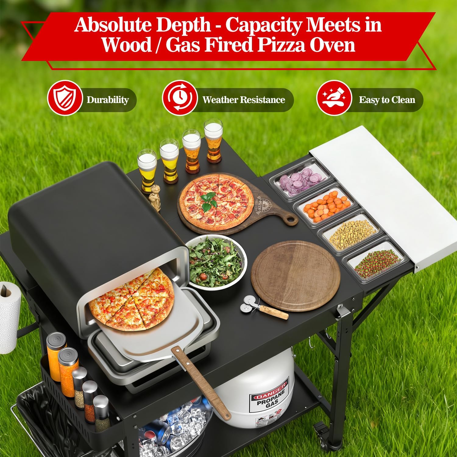 Grill Table for Pizza Ovens, Ninja Pizza Oven Table with Extendable Desk, Durable Outdoor Grill Cart Stand with Food Prep Topping Station for Patio, Backyard,43' L × 27' W