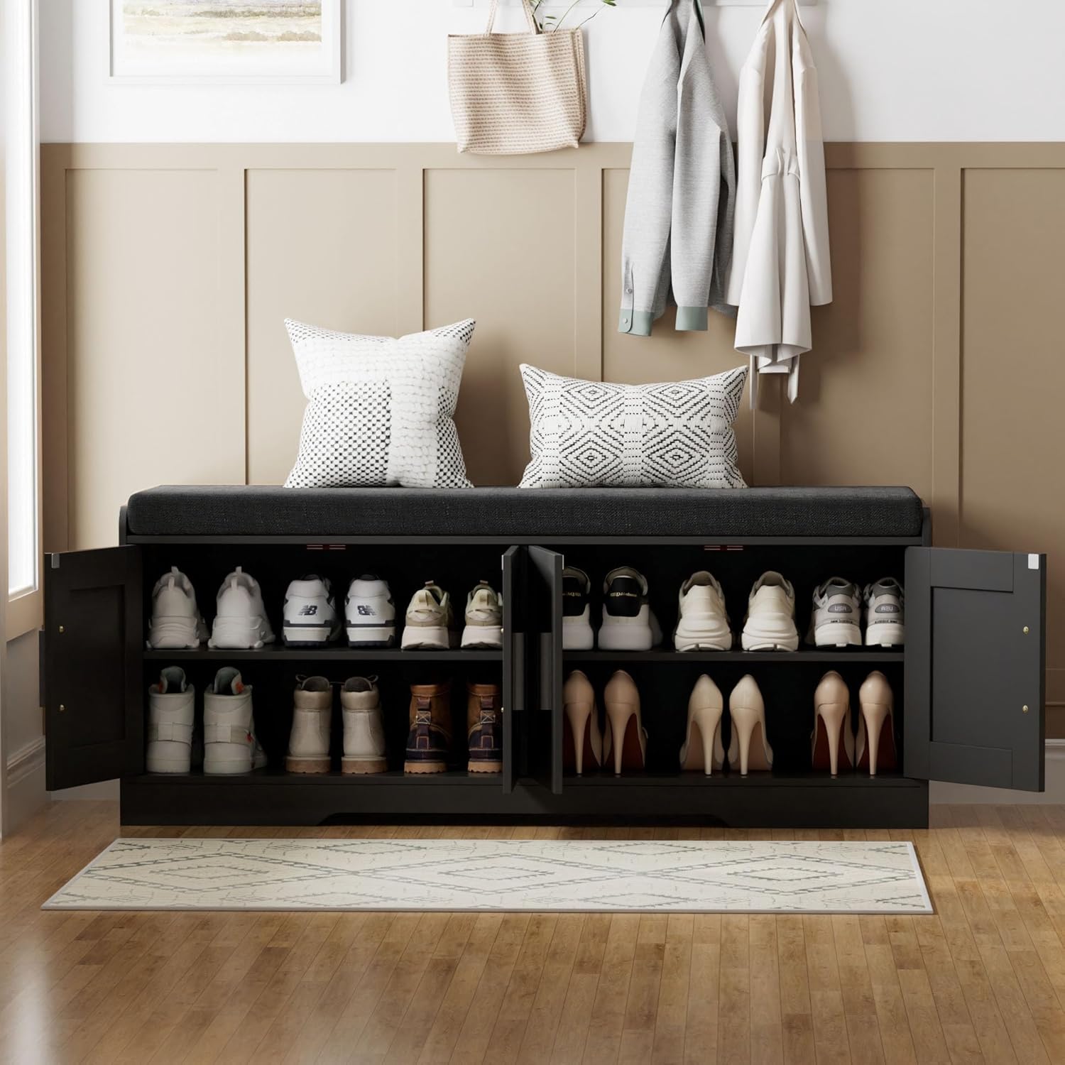 Homleke 2-Tier Storage Bench, Shoe Bench with Thickened Padded Seat Cushion, Entryway Bench with 4 Doors, Adjustable Shelf, 13.8' D x 45.3' W x 18.5' H, for Entryway, Living Room, Bedroom, Black