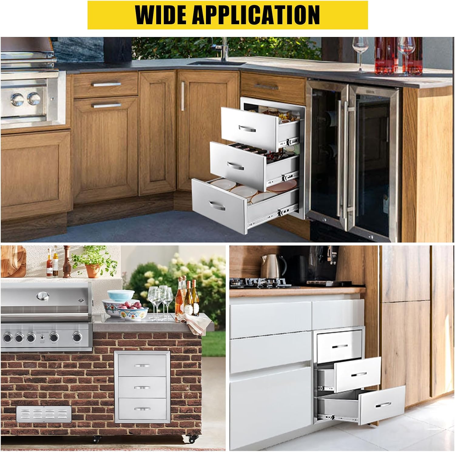 20W x 23D x 27H Inch Outdoor Kitchen Drawers Stainless Steel, Flush Mount Triple Drawers with Stainless Steel Handle, Venting Panel Weatherproof for Kitchen Island Patio, Grill Station