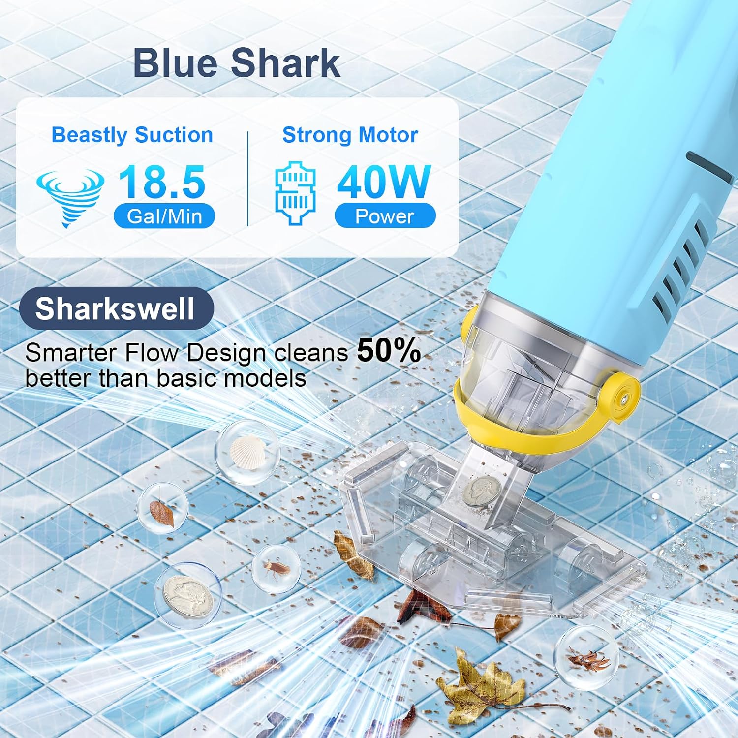 Upgraded Cordless Pool Vacuum with Telescopic Pole, 60 Min Powerful Suction & Transparent Head, Rechargeable Handheld Cleaner for Above Ground Pools, Inground Pools, Hot Tubs and Spa