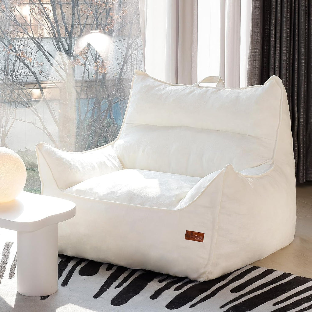 Oversized Fluffy Bean Bag Chair for Adults – Giant Cozy Bean Bag Sofa Chair with Armrests, Handle & Non-Slip Base for Your Reading Nook, Bedroom or Living Room(White-XL)