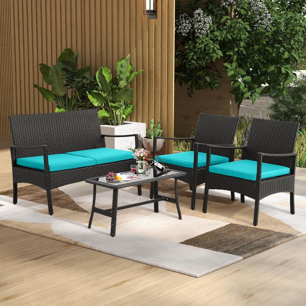 HAPPYGRILL 4 Pieces Patio Wicker Furniture Set PE Wicker Conversation Set, Rattan Sofa Chair with Cushions Tempered Glass Coffee Table, Outdoor Sectional Bistro Set for Poolside Backyard Lawn Garden