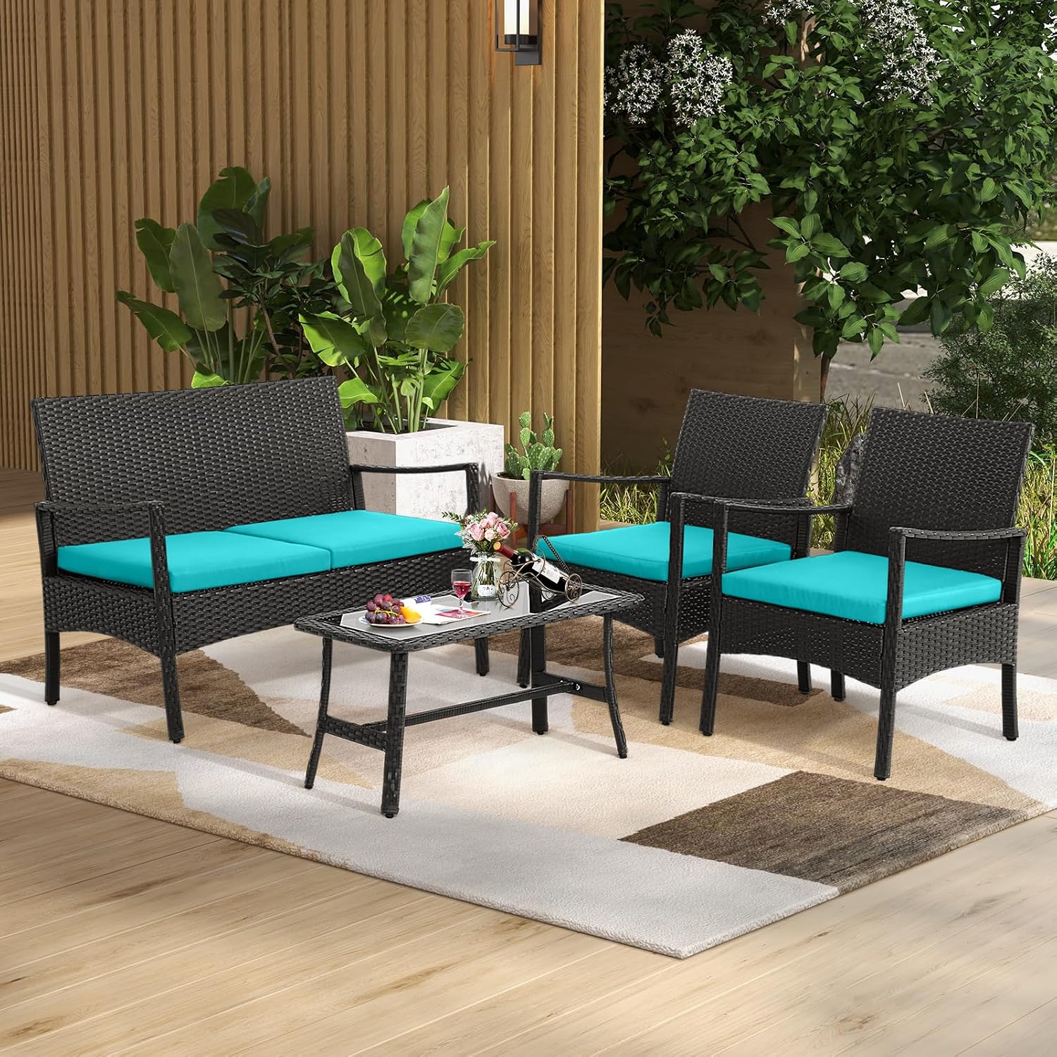 HAPPYGRILL 4 Pieces Patio Wicker Furniture Set PE Wicker Conversation Set, Rattan Sofa Chair with Cushions Tempered Glass Coffee Table, Outdoor Sectional Bistro Set for Poolside Backyard Lawn Garden