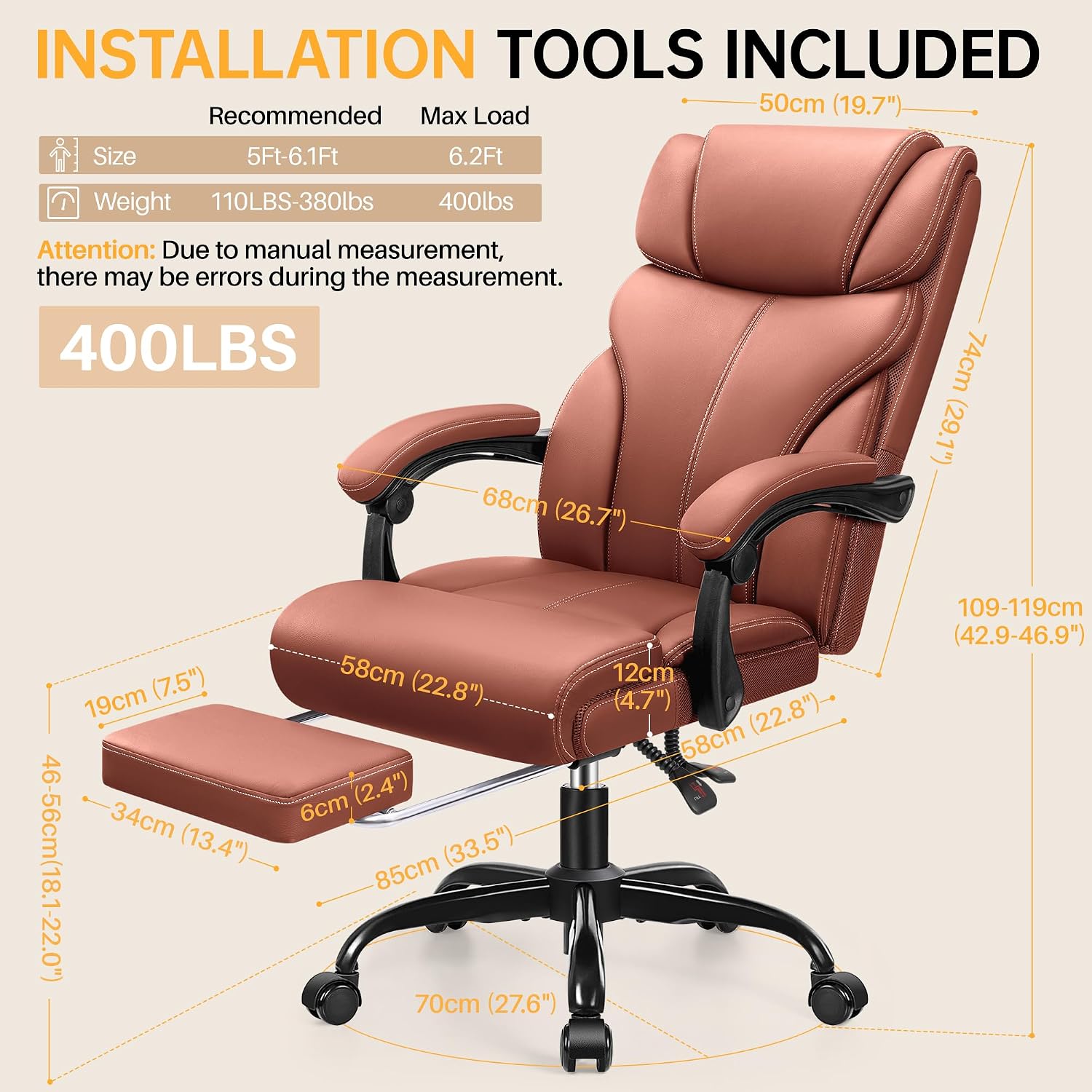 HeroSet Big and Tall Office Chair with Foot Rest, 400lbs Ergonomic Reclining High Back Executive Leather Chair, Lumbar Support Swivel Computer Desk Chairs for Heavy People Home Office Gaming(Brown)