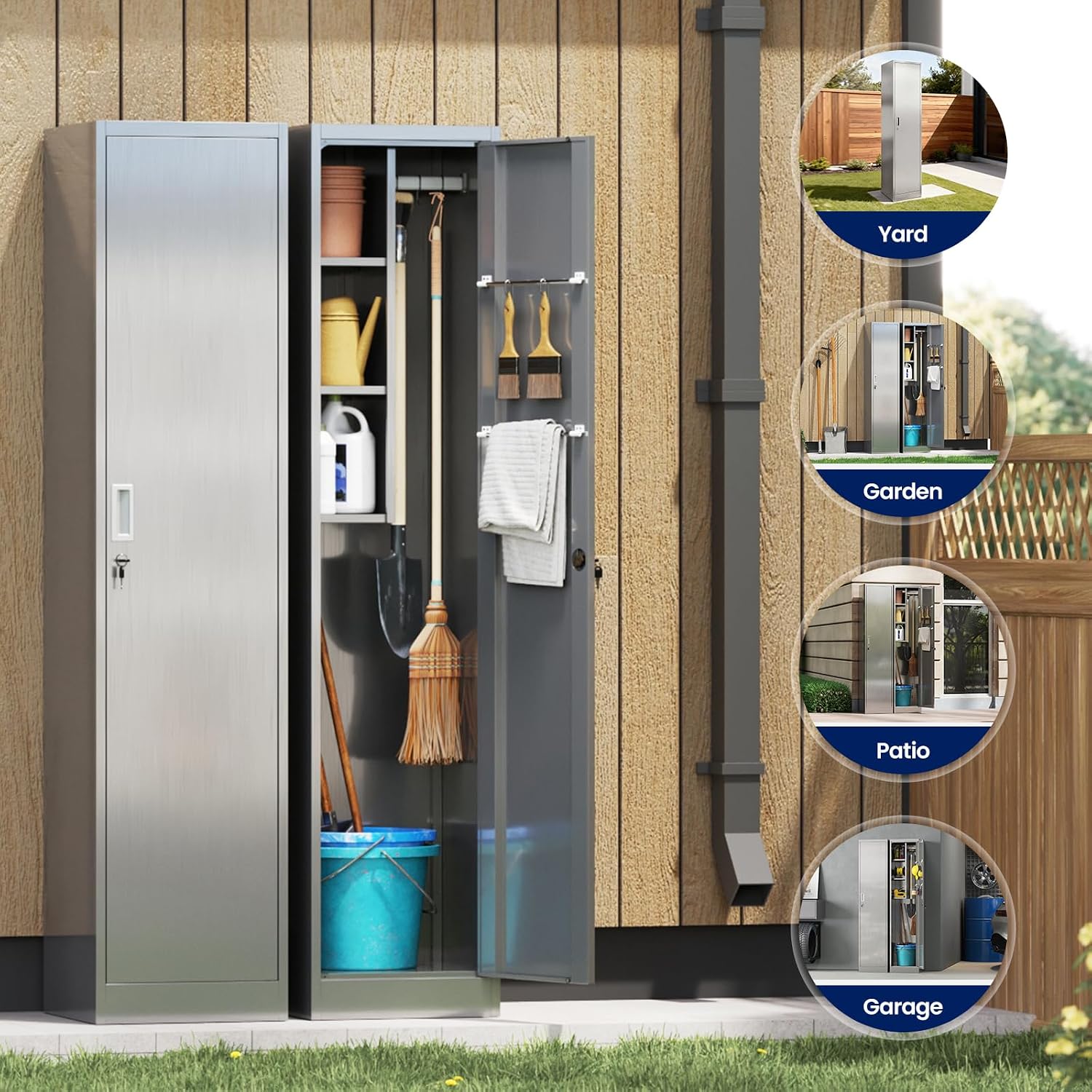 Yizosh Outdoor Storage Cabinet,Metal Broom Cloest Storage Cabinet with Locking Doors and Shelves,- 71 H Broom Closet with Hang Rods for Yard,Garden,Garage,Pation
