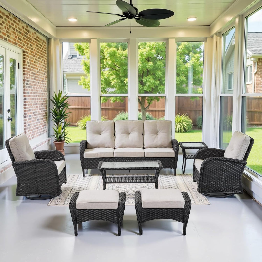 Belord Wicker Outdoor Furniture Set - 7 Piece Patio Conversation Sets with Comfort Swivel Rocker Glider Patio Chairs Set of 2 and Rattan Sofa, Tempered Glass Coffee Table and Side Table,Black/Beige