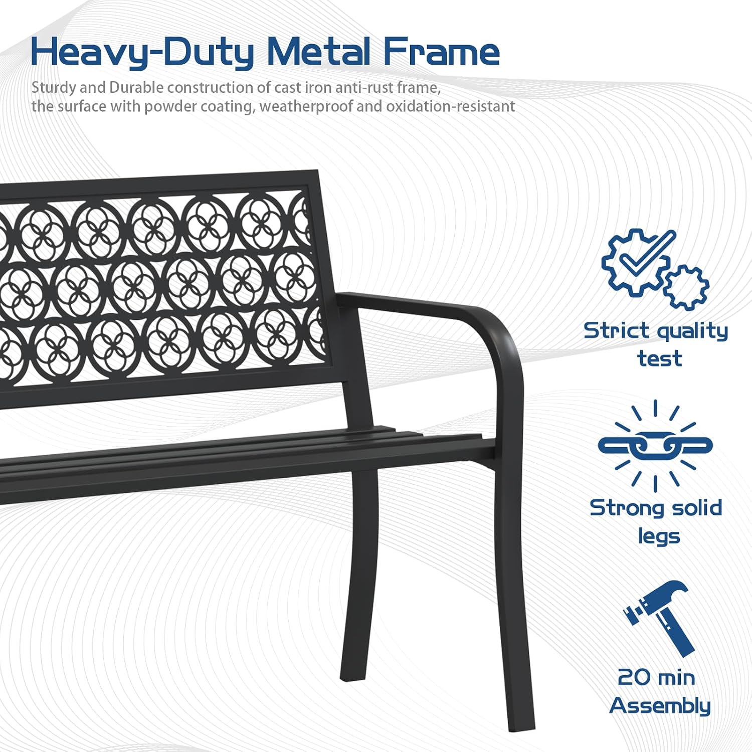 50' Outdoor Bench, Metal Weatherproof Garden Bench Cast Iron Heavy-Duty Patio Bench with Decorative Backrest for Proch Park 880lb Capacity