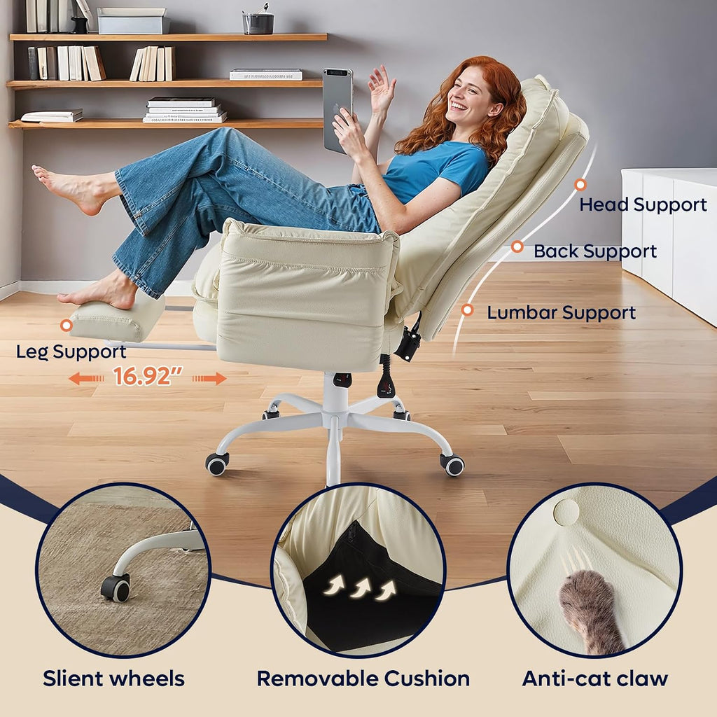 Bestier Cross Legged Office Chair with Footrest, High Back Criss Cross Chair with Reversible Armrests and Wheels, Big and Tall Reclining Office Chair for Home PU Leather Beige