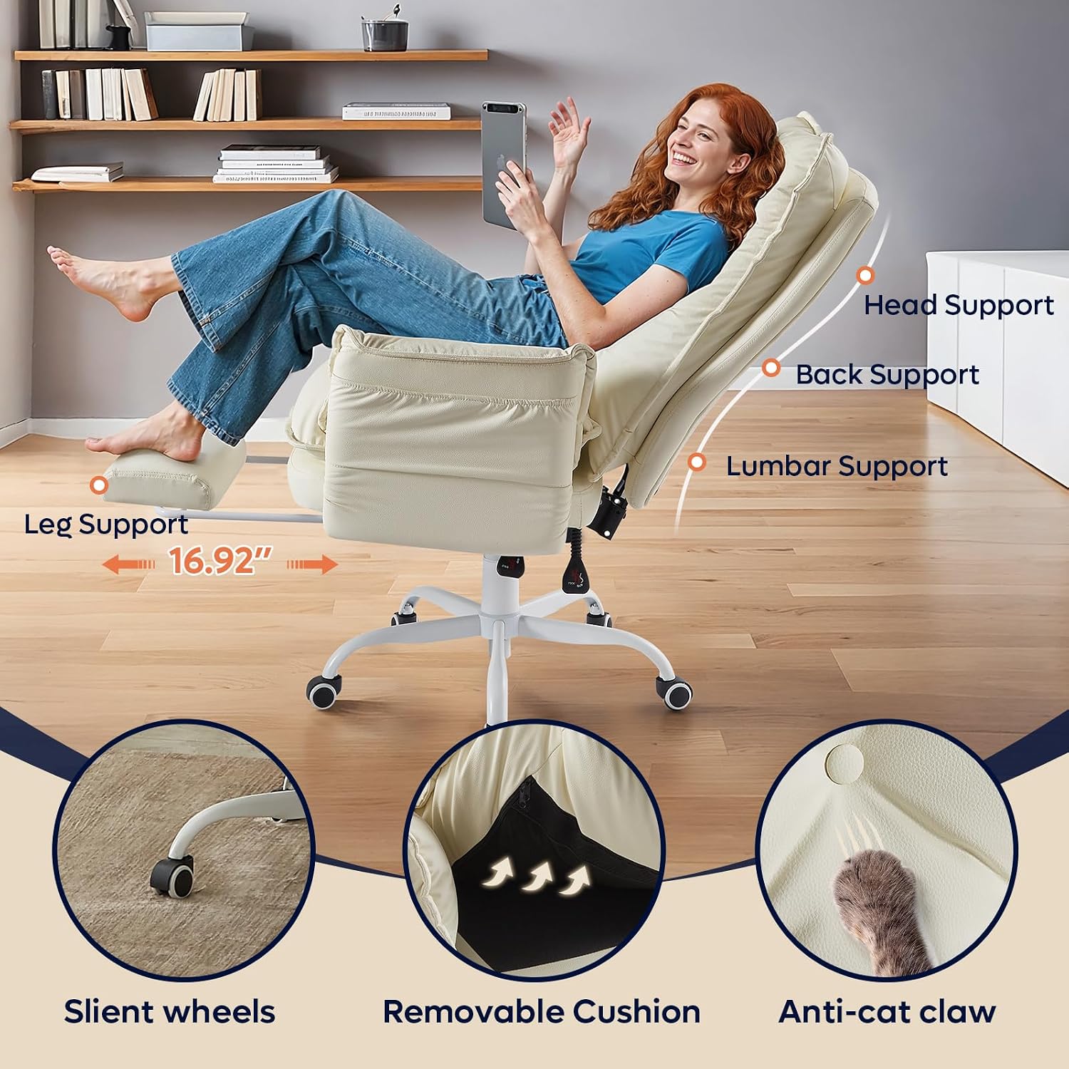 Bestier Cross Legged Office Chair with Footrest, High Back Criss Cross Chair with Reversible Armrests and Wheels, Big and Tall Reclining Office Chair for Home PU Leather Beige