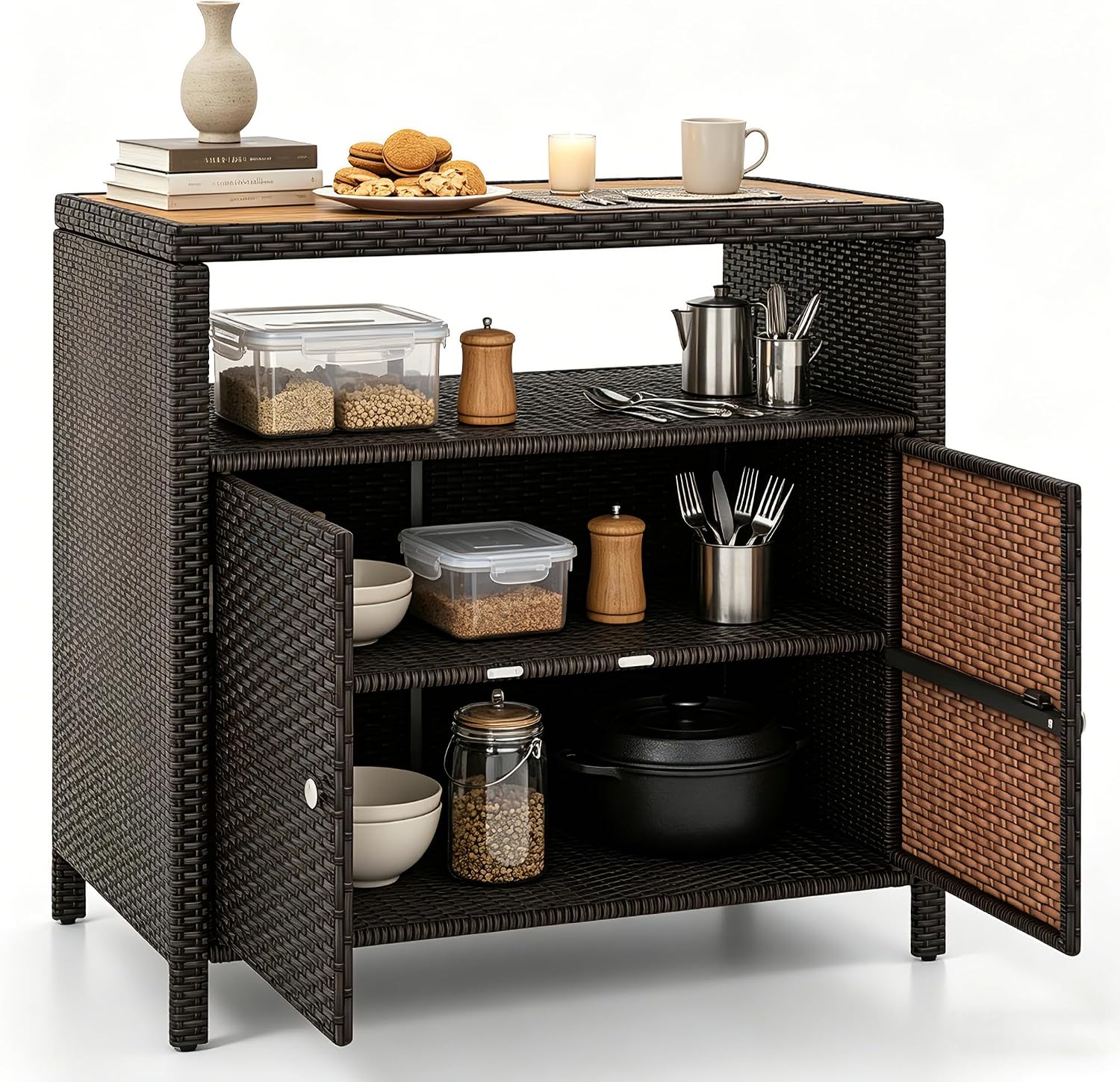RELAX4LIFE Wicker Outdoor Bar Cabinet - PE Rattan Patio Bar Table w/Acacia Wood Countertop, Open Shelf & 2 Doors, Buffet Sideboard Organizer for Garden Backyard Pool, Outside Storage Cabinet (Brown)