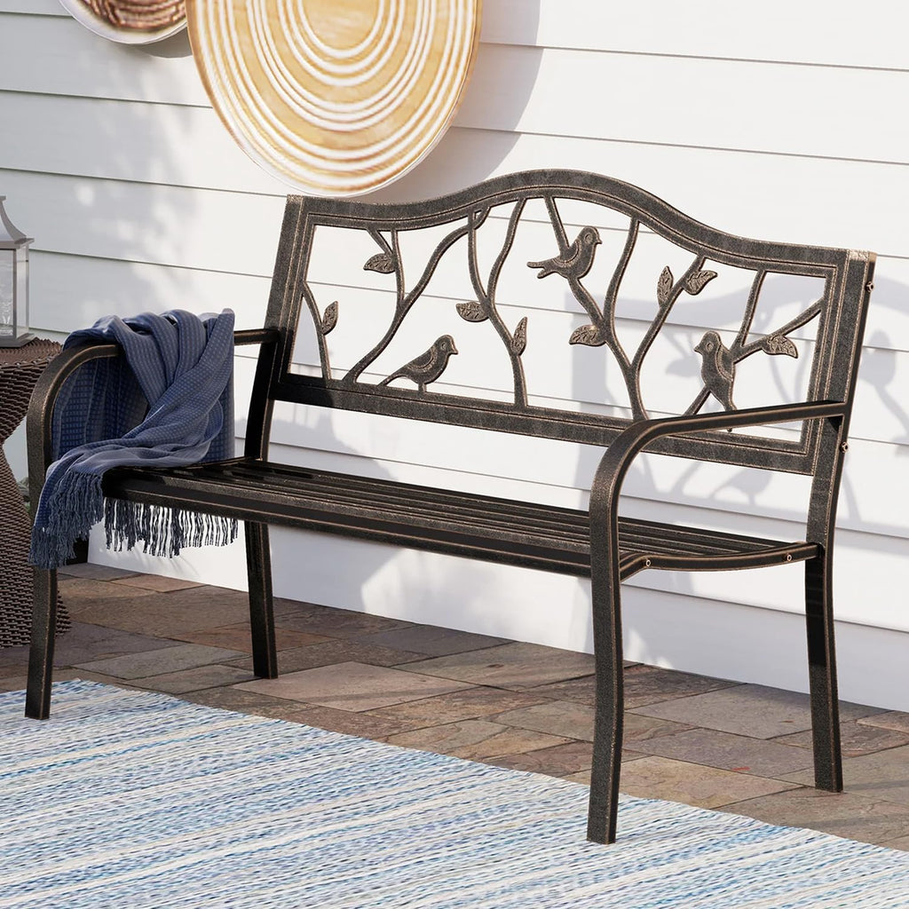 PHI VILLA Outdoor Garden Park Bench Patio 50' Metal Bench, Steel Frame Bench with Backrest and Armrests for Porch, Lawn, Balcony, Backyard and Indoor, Bronze