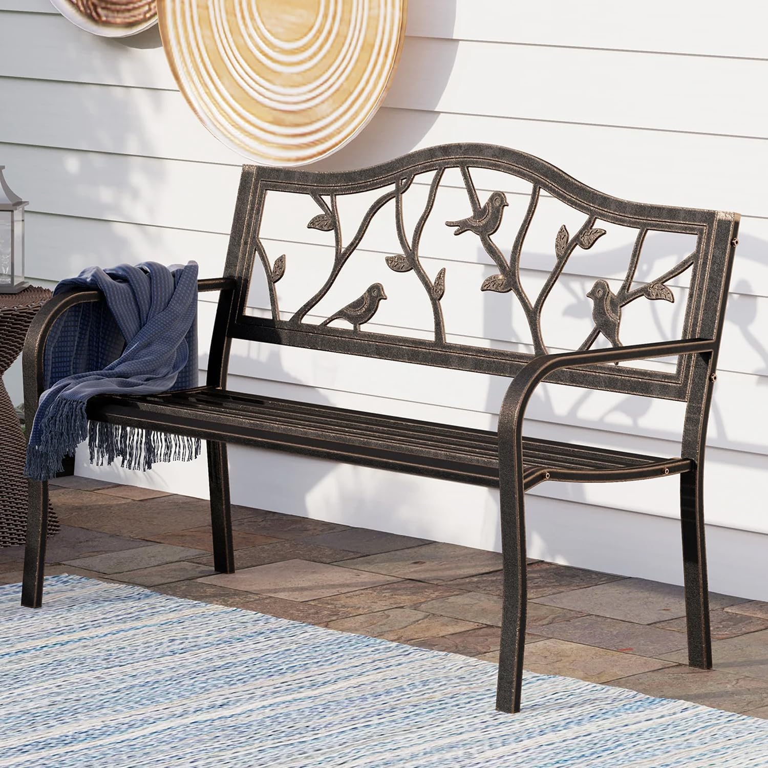 PHI VILLA Outdoor Garden Park Bench Patio 50' Metal Bench, Steel Frame Bench with Backrest and Armrests for Porch, Lawn, Balcony, Backyard and Indoor, Bronze
