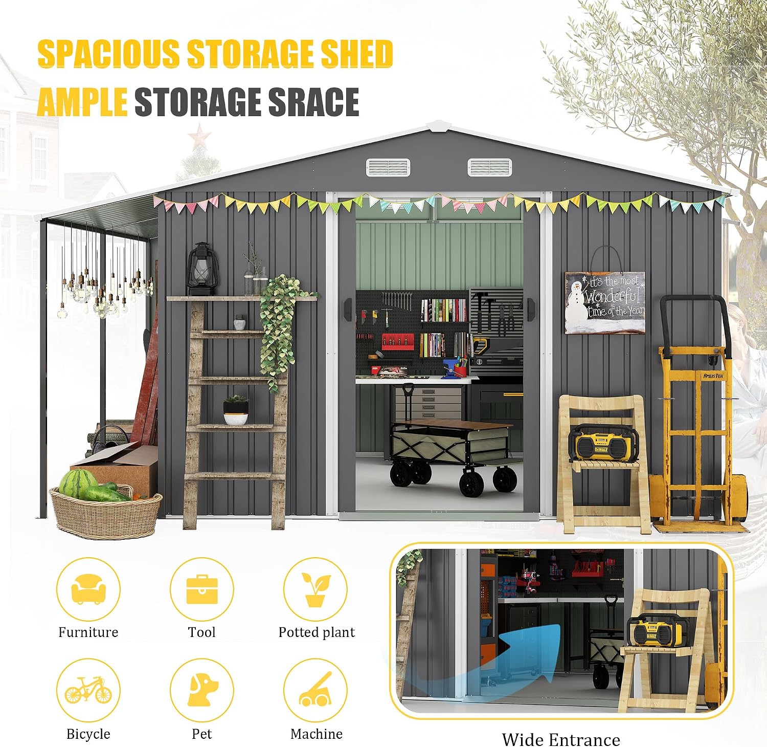 10x12 ft Metal Storage Shed with Open Firewood Bay, Steel Outdoor Storage Shed with Window and Lockable Doors, Extra Large Tool Sheds House with Vents, for Garden, Backyard, Patio, Dark Gray