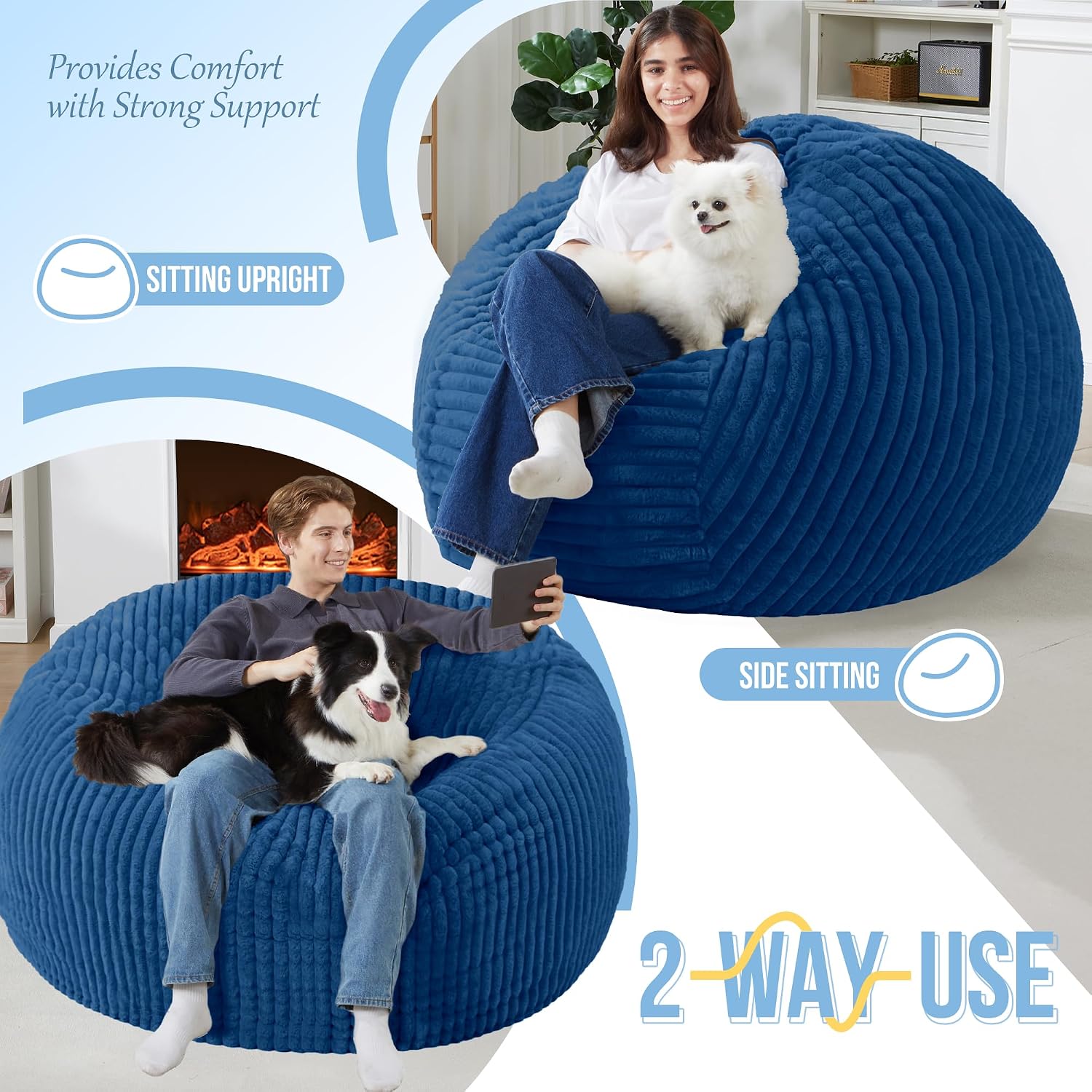 Homguava 6 FT Bean Bag Chair,6' Big Bean Bag,Giant Bean Bag Chairs for Adults with Memory Foam Filled,Comfy Large Beanbag Chairs Soft Bean Bag Sofa with Dutch Corded Plush Cover-Blue