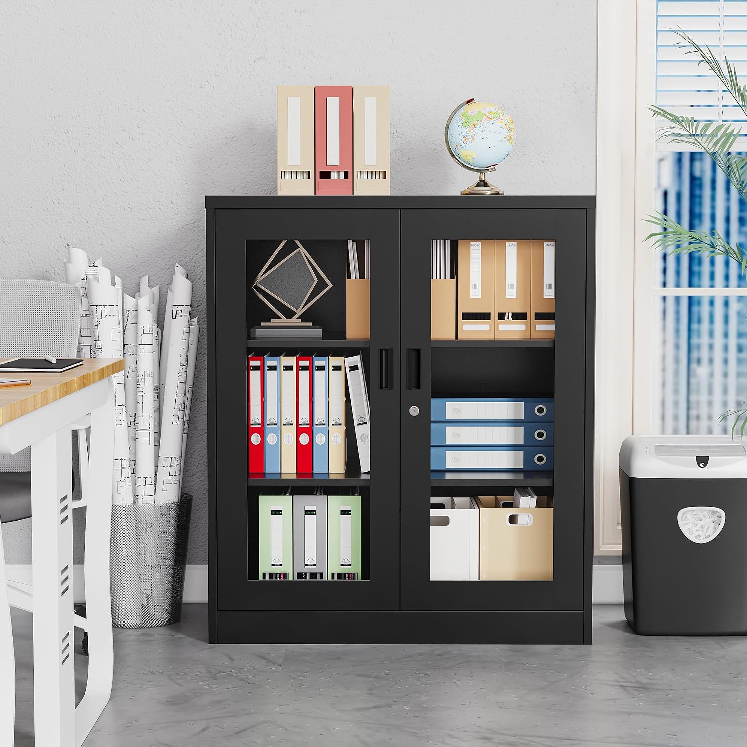 Lockable Display Cabinet with Acrylic Doors and Adjustable Shelves, Metal Storage Cabinet Curio Liquor Cabinet, Display Case Bookcase for Home Office, Pantry(Black)