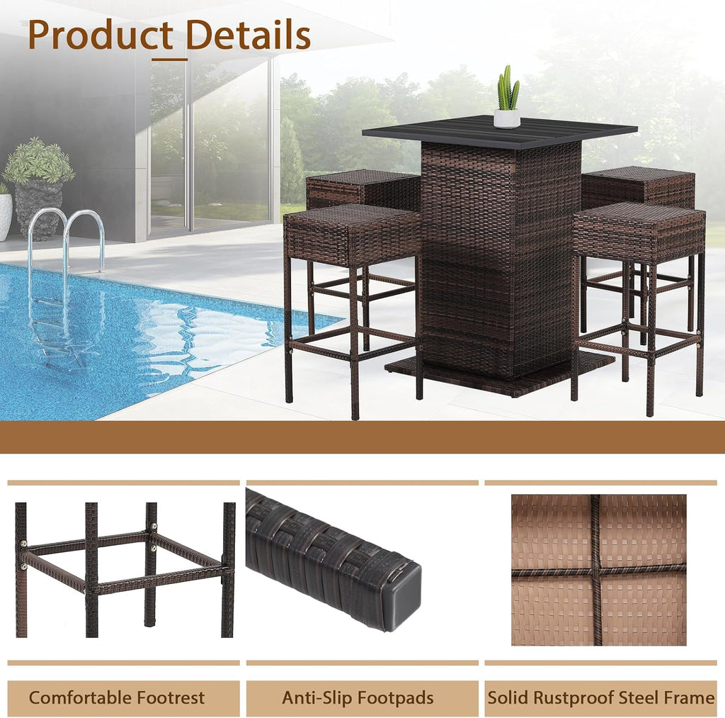 Tangkula 5 Piece Outdoor Rattan Bar Set, Patio Bar Furniture with 4 Cushions Stools and Smooth Top Table with Hidden Storage Shelf, Outdoor Conversation Set for Poolside, Backyard, Lawn